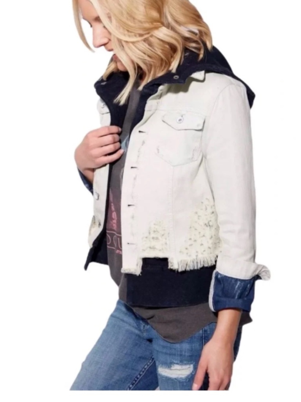 Free People Distressed Denim Jacket with attached Blue Hoodie, Small, vintage